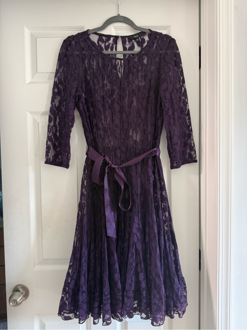 Purple Lace Midi Dress with Satin Waist Tie